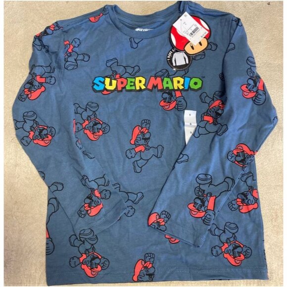Super Mario Boy's Long Sleeve Graphic T-Shirt -Steel Blue Small - Picture 5 of 9